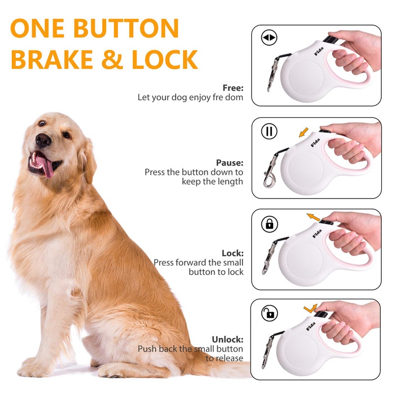 Fida Retractable Dog Leash with Dispenser and Poop Bags, 16 ft Pet Walking Leash for Medium Dog or Cat up to 44 lbs, Anti-Slip Handle, Tangle Free, Reflective Nylon Tape (M, White) - Image 4